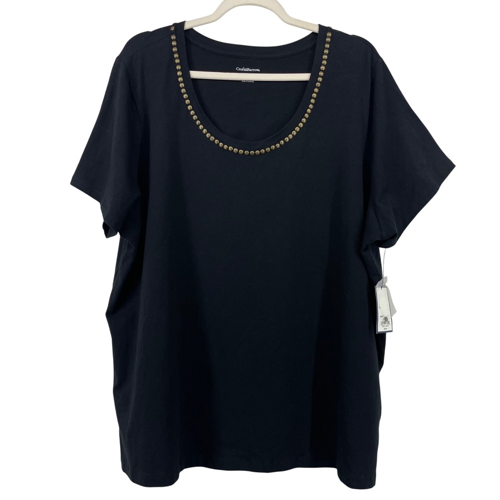 Croft and Barrow Women Black Stretch Studded Top T Shirt Plus Size 3X Scoop Neck